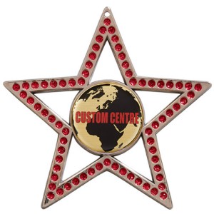 COPPER 75MM - RED STAR GEMSTONE CUSTOM VINYL DOMED MEDAL **SPARKLE**